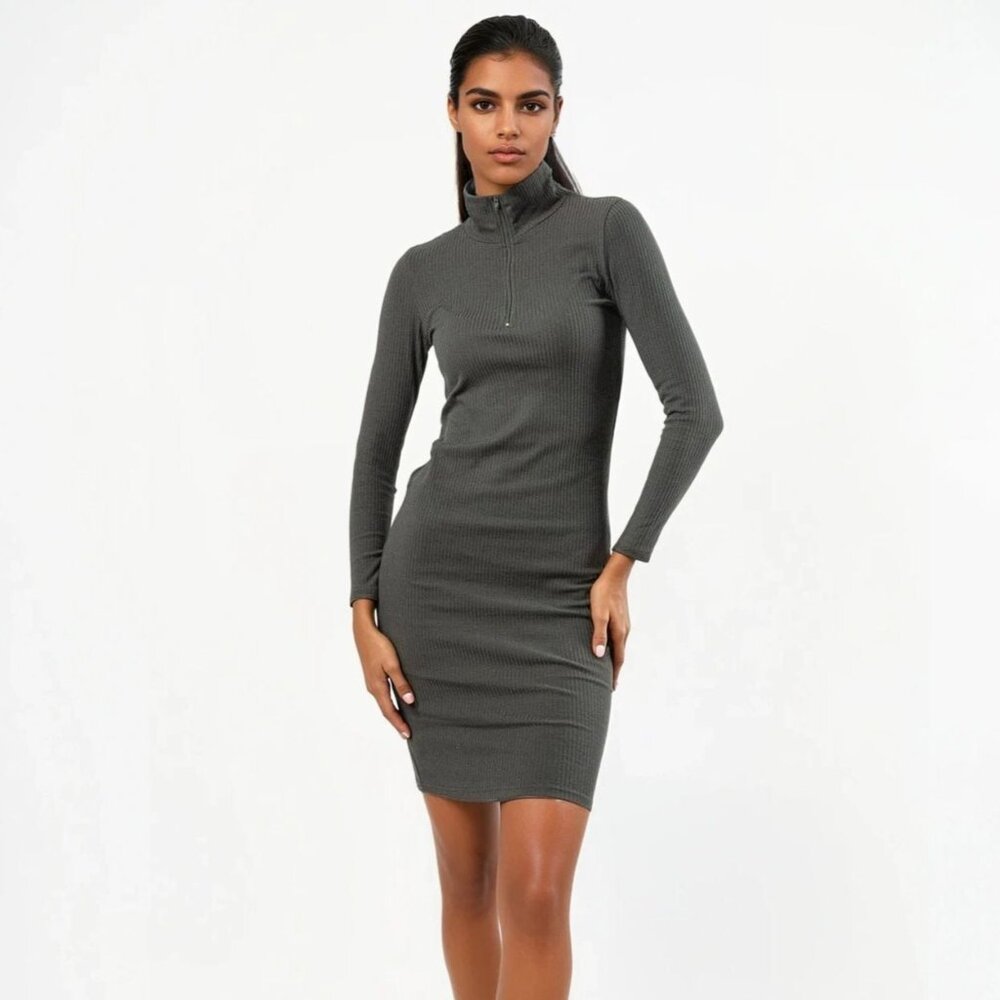 Half Zip Olive Green Casual Dress in Ribbed Cotton - NWT